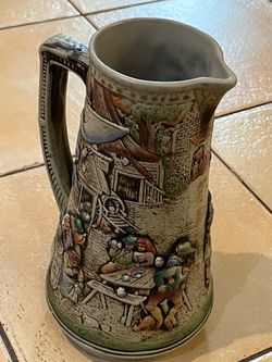 German Relief-Molded Ceramic Beer Pitcher / Tavern Jugw