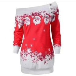 New Christmas Women's Off Shoulder  Santa Claus Tunic Top Mini Dress L XL