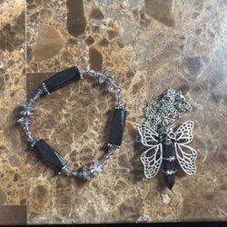Y2K Skull Butterfly Necklace Silver And Bracelet 