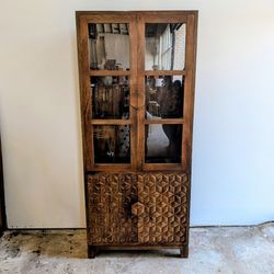 Mango wood glass front carved cabinet