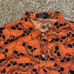 SSLR Orange Skull Print Button Up Long Sleeve Mens Size Large