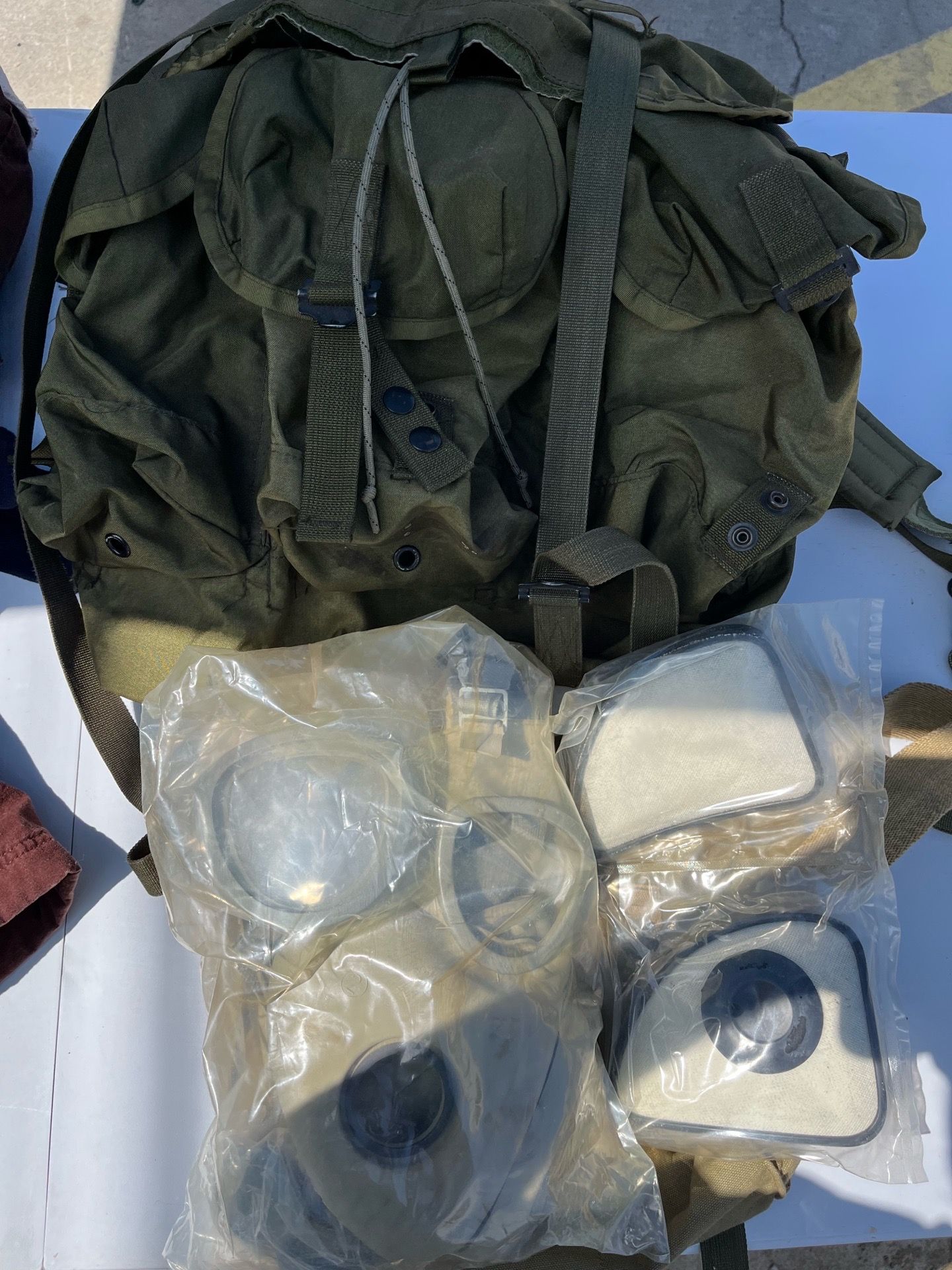 Military gas mask and bag pack