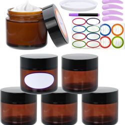 2oz Small Travel Containers with Black Lids,6 Pack Amber Glass Jars with Mini Disposable Spatula for Toiletries，Travel Storage，Makeup Beauty Products,