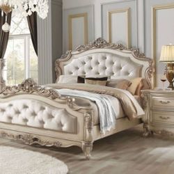 Brand New Antique White Bed with Intricate Arched Carvings