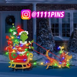 Outdoor Christmas Decorations - 2pcs Plastic Sleigh Dog Gnome Yard Signs Stakes, String Lights for Garden Yard Lawn Chris