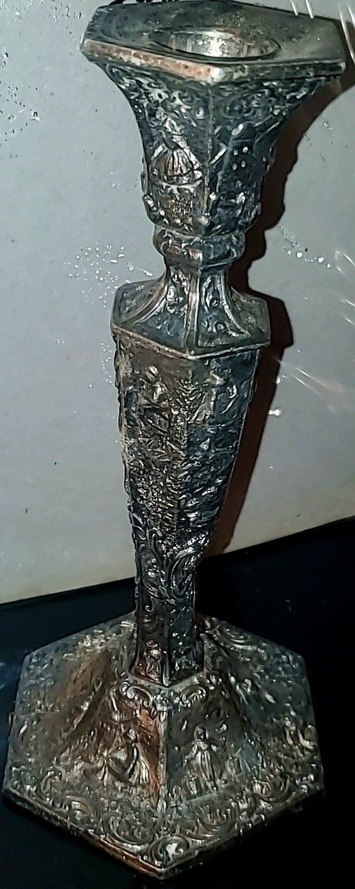 Antique/ Vintage  W.B. MFG Co Silver Plate Repousse Floral Scenic Candlestick 10.25"