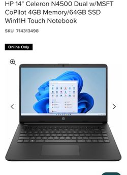 HP 14" Celeron N4500 4GB Memory 64GB SSD Win11H Touch Notebook