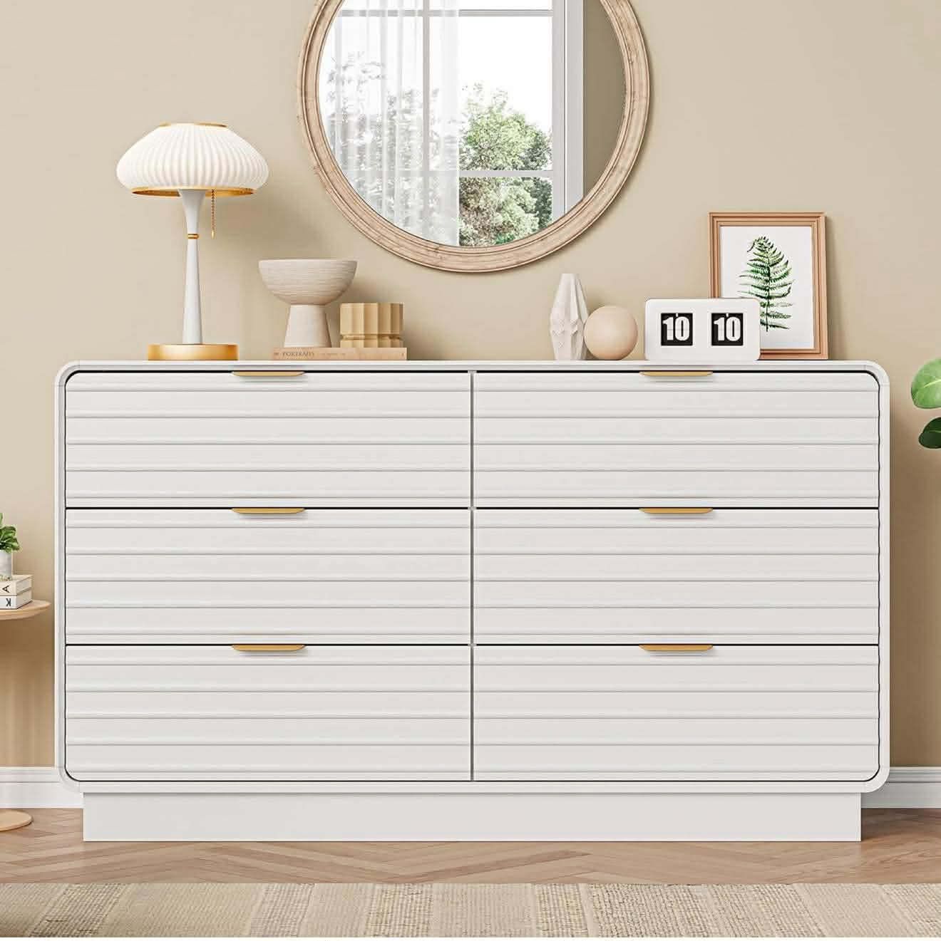 Fluted 6 Drawer Dresser for Bedroom,54" Wide Modern Dresser with Storage,