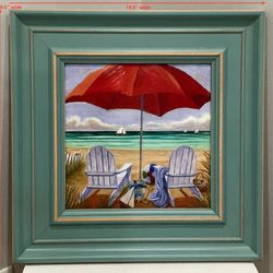 Custom Distressed Coastal Sage Wood Framed Original Beach Chairs & Umbrella at the Shore Painting