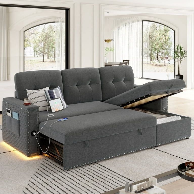 Modern Sleeper Sofa with Pull-Out Bed, L-Shaped 3-Seat Sofa with Storage Chaise Couch & USB Charging Port for Living Room,Linen Fabric, Gray