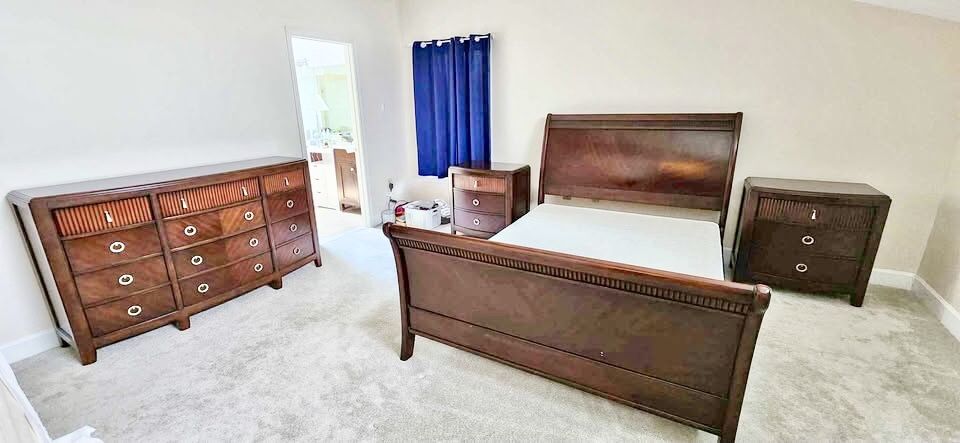 Wood Bedroom Set With A Dresser And A Queen Bed Frame With Two Nightstands - Will Deliver