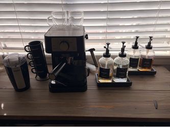 Espresso machine, grinder, syrup and espresso cups