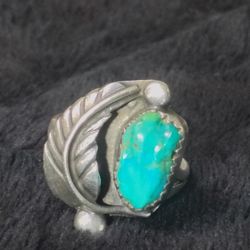 Old Felicita Eustace Cochiti Sterling & Carved Turquoise Fetish Leaf Ring Sz 8