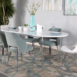 MODERN RETRO WHITE CHROME OVAL 7 PIECE DINING TABLE SET GRAY CHAIRS - MESA COMEDOR SILLAS