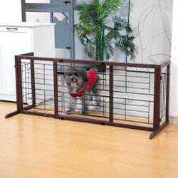 Dog gate, Brown,38 in. W to 71 in. W Freestanding Pet Gate, Dog Gate for Stairs and Doorways, NEW