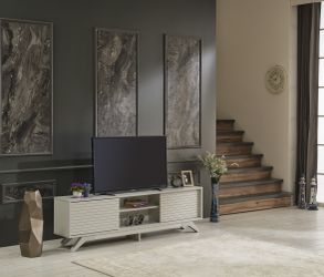 Modern Sliding Door TV Stand – Contemporary Media Console with Slatted Doors