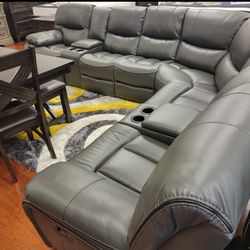 Summer sale event. Madrid gray leather reclining sectional now $1599. Easy finance option. Same day delivery.