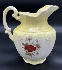 Vintage Large Floral Transfer Ceramic Water Pitcher Jug 10" X 10"