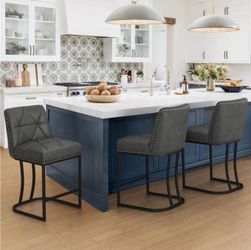 26 in. Black Gray Faux Leather Upholstered Counter Height Bar Stool with Metal Cushion Bar Stool Set of 3