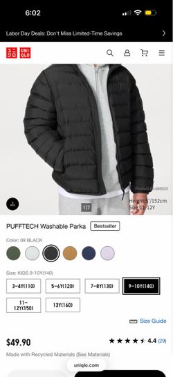 UNIQLO PUFFTECH Washable Parka Kids 9-10 Black