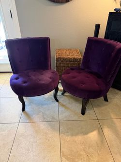 Pair of Purple Tufted Velvet Slipper Chairs | Nailhead Trim