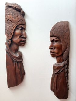 Pair of Bolivian wooden wall plaques~traditional Ayamaran couple