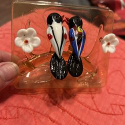 Vintage Delicately Crafted Glass Birds “Love Birds” On A Branch