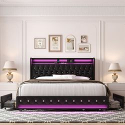 Black Full Size LED Bed Frame with 4 Storage Drawers, Modern PU Leather Crystal Button Upholstered Platform Bed Frame with Outlets and USB Ports & Dis