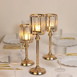 Set of 3 Crystal Pendant Hurricane Candle Holders in Gold, Elegant Cylindrical Design for Pillar Candles, Decorative Table Centerpieces