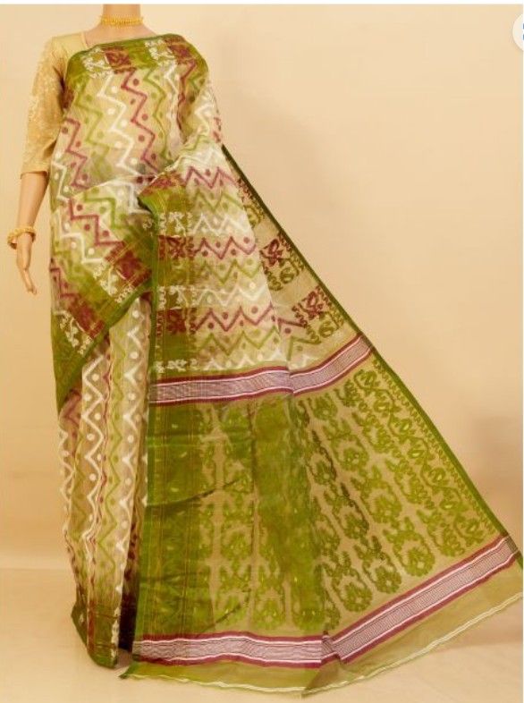 Brand New Beautiful White, Olive Green & Mauve Bengal Handloom Cotton Jamdani Saree