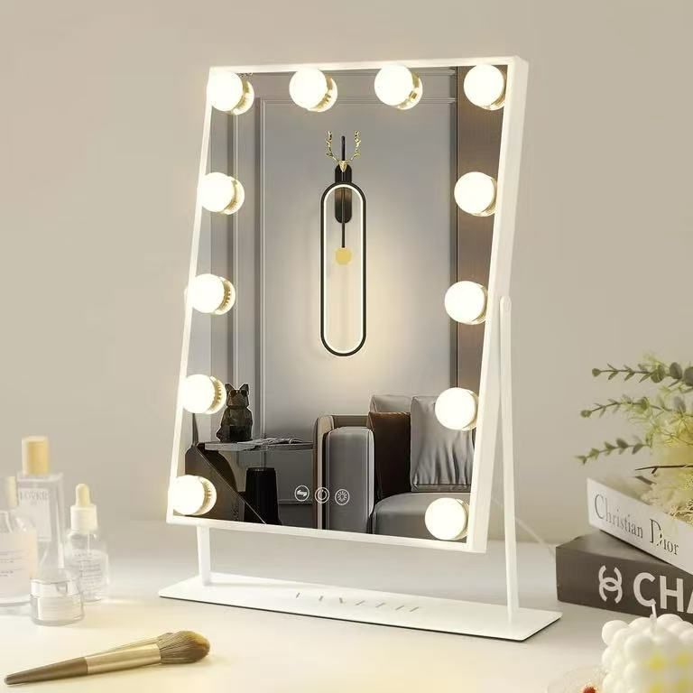 GLOBAL 14.5" x 18.9" Vanity Makeup Mirror with Lights Tabletop Metal White