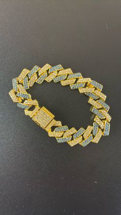 Gold Cuban Link Bracelet with Blue and White Stones