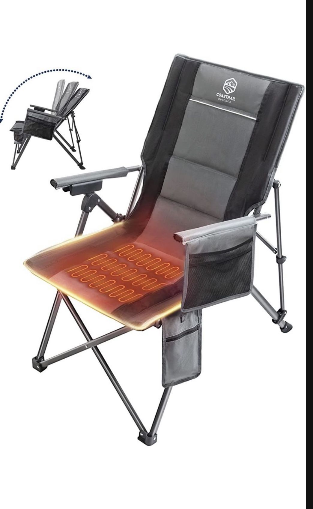 Coastrail Outdoor Heated Camping Chair Adjustable 3 Position Reclining Folding Lounge Charis for Adult 3 Temperature Controls Power by USB Bank with C