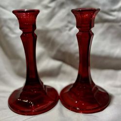 Vintage Indiana Glass Ruby Red Candleholders. Set of 2