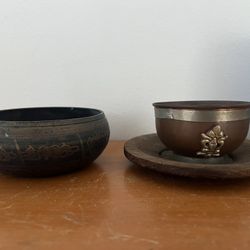 Antique Brass Bowl & Antique Wood Bowl Old