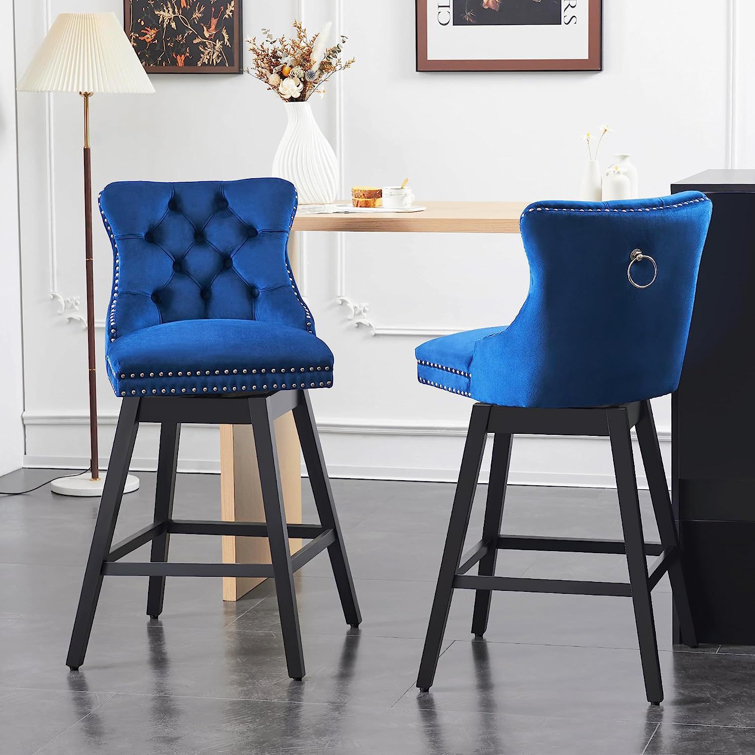 Counter Height Bar Stools, 360 Free Swivel Bar Stools with Backs, Premium Velvet Fabric Upholstered Counter Height Chairs, Solid Wood Legs, (Blue, 26