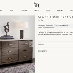 RH Meade 9 drawers dresser with concrete top. And 2 night stands