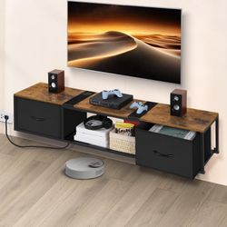 Floating TV Stand With Power Outlet Modern Wall Mounted TV Console Shelf Cabinet With Drawers For Under TV Storage, Entertainment Center, Living Room,