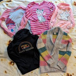 Set of 5 Young Girls size 7/8 and 10/12 long Sleeve Sweaters and Sweatshirts.