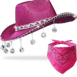 Pink Disco Cowgirl Hat with Bandana,Glitter Rhinestone Disco Ball Cowboy Hat for Women Men Costume Cosplay