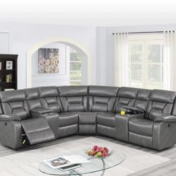 Brand New Grey  Leather Power Reclining Sectional Sofa
