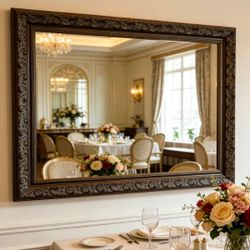 42" L x 30" W Bronze Bathroom Mirror with Carved Wood Frame and Hand-Applied Clay-Like Texture, Horizontal/Vertical Hanging, Living Room, Entryway, Ho