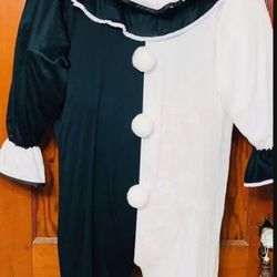 HALLOWEEN DELUX ADULT FRENCH PIERROT COMPLETE COSTUME OPEN BOX ONE SIZE FITS BLACK & WHITE RUFFLED COLLAR AND SLEEVES