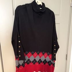 NWOT - Joseph A - poncho-type red/black argyle sweater w/ 3/4 fitted sleeves & gold tone buttons.   XL