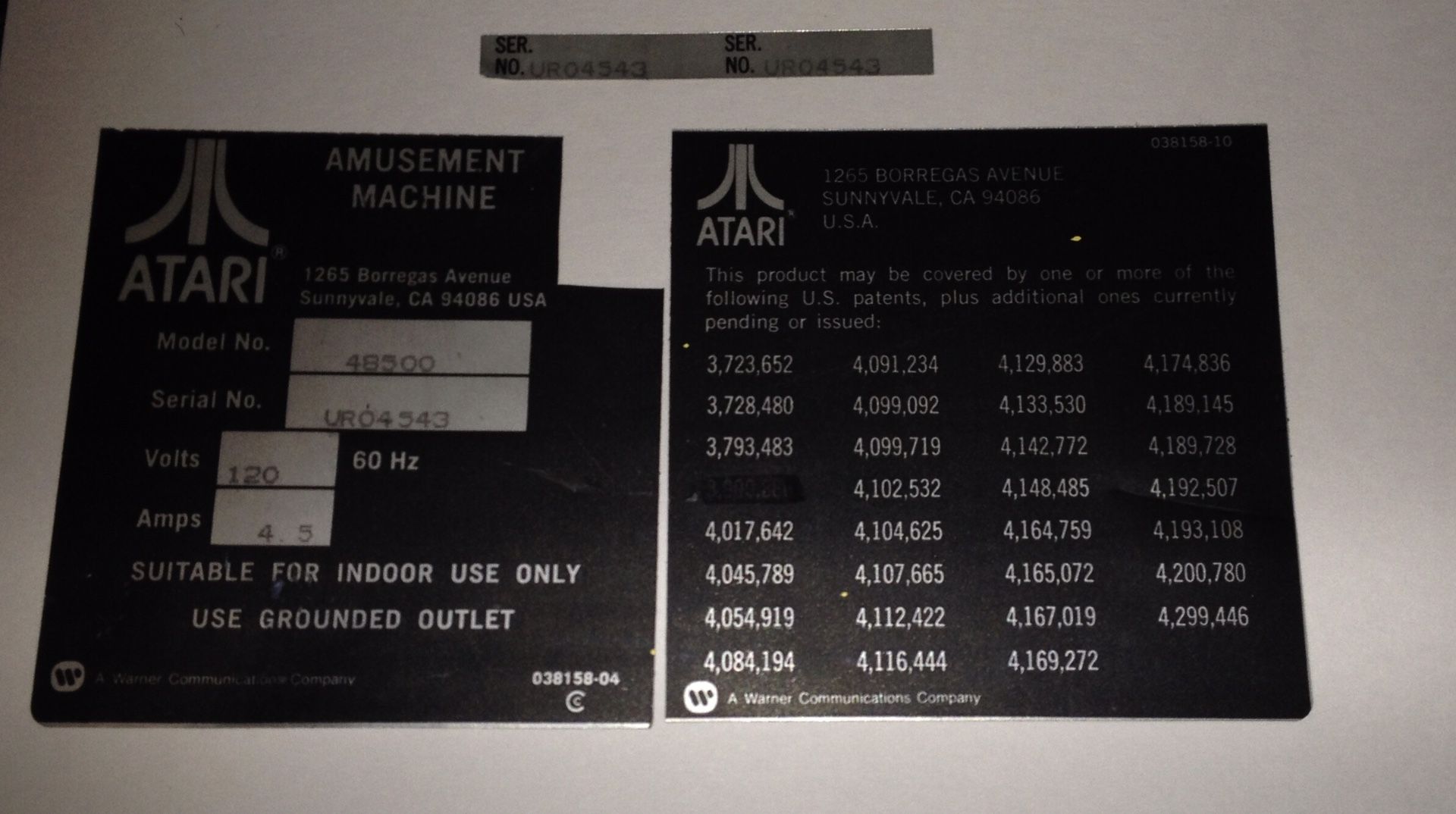 Arcade Cabinet original back label and serial number for Championship Sprint