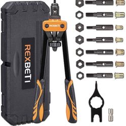 14" Rivet Nut Tool, Professional Rivet Setter Kit with 7 Metric & Sae Mandrels and 60pcs Rivnuts, Labor-Saving Design, Extra 1/4-20 mandrel with Rugge