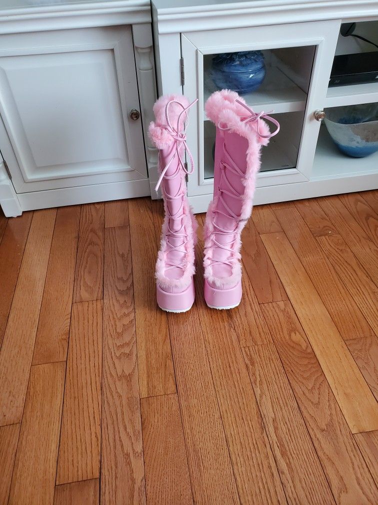 Pastel Pink Demonia Camel 311 Knee High Boots 