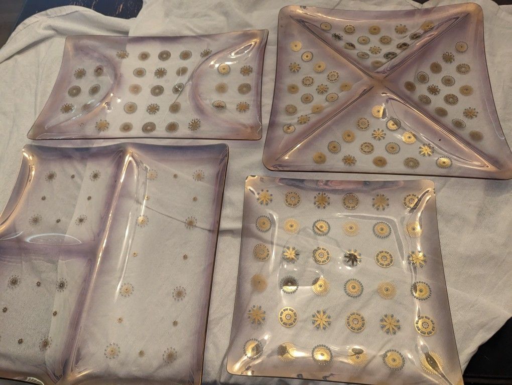 Vintage Glass Serving Trays With Matching Cups