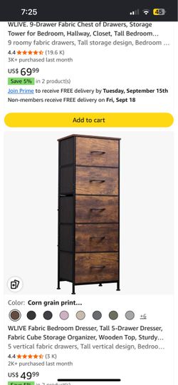 WLIVE 5-Drawer Fabric Dresser Storage Tower