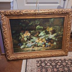 HUGE OIL ON CANVAS "FRUIT IN ROCK GARDEN" PAINTING